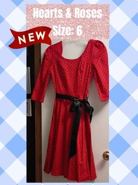 Red Polka Dot Long-Sleeve Fit & Flare Dress with Black Sash